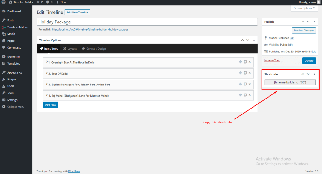 display timeline using shortcode in timeline builder