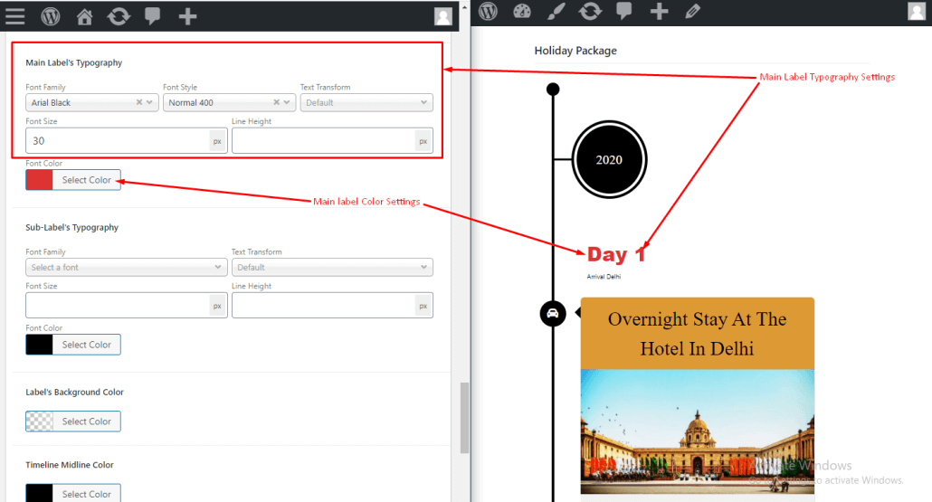 main label setting timeline builder