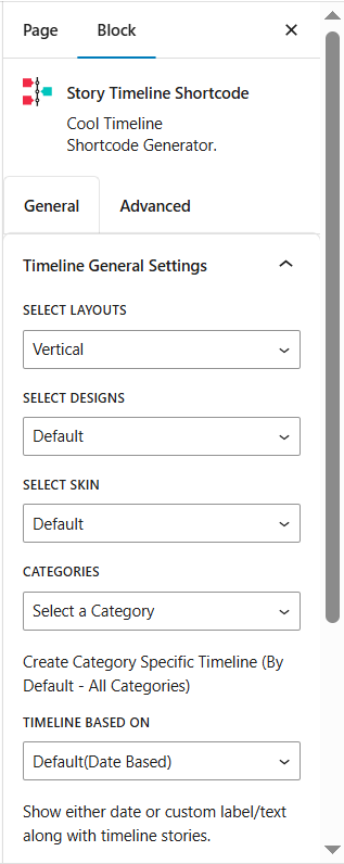 Gutenberg block timeline general settings