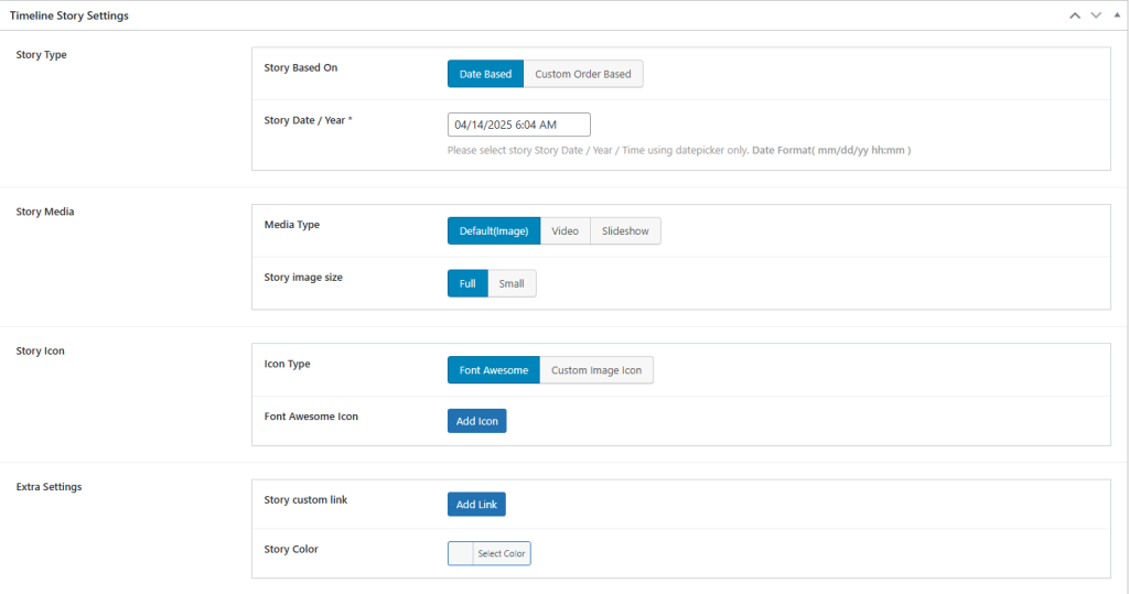 Shortcode timeline story settings